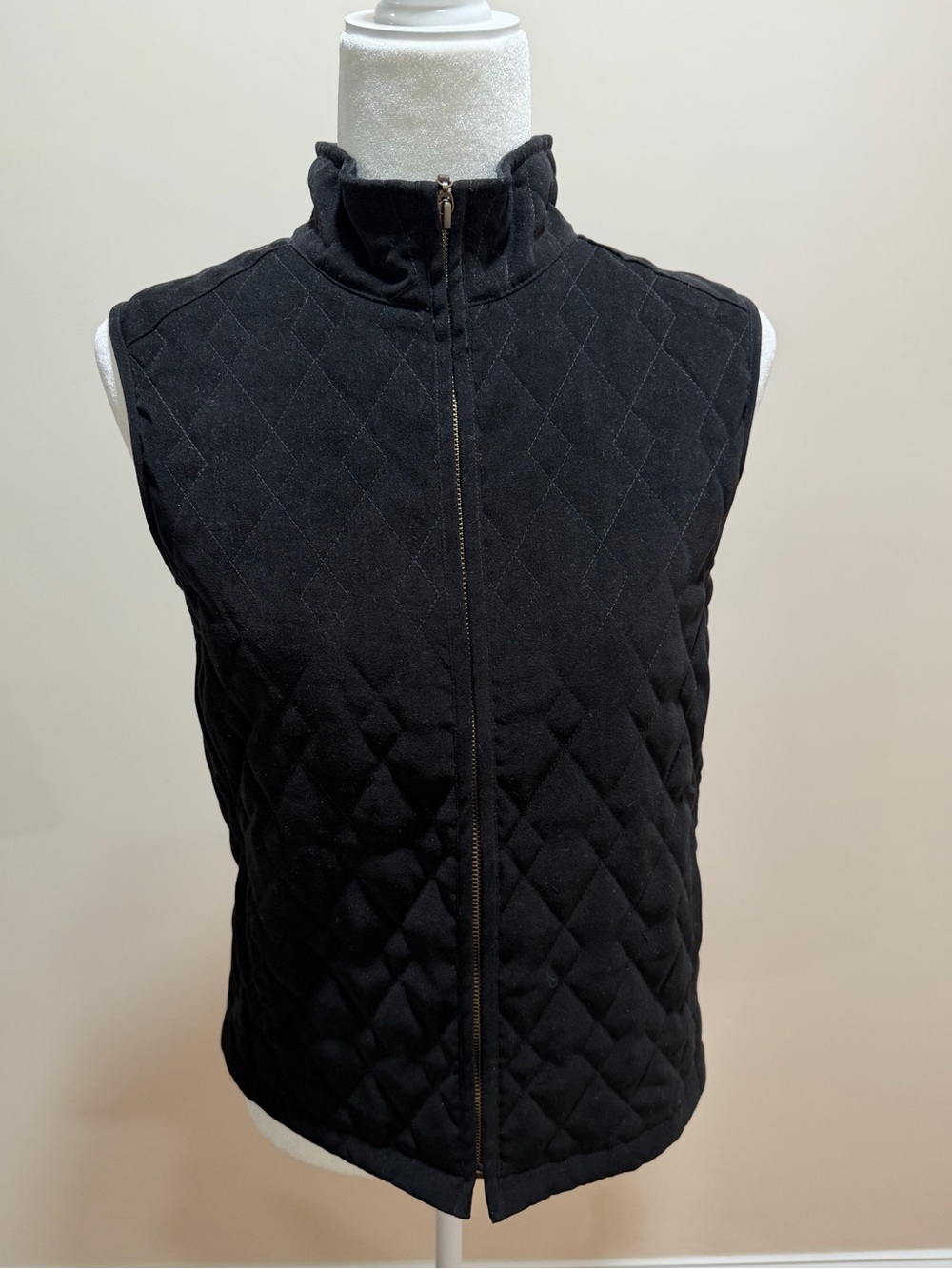 J. McLaughlin Black Quilted w Ribbed Knit Back Full Zip Sleeveless Vest Sz. S